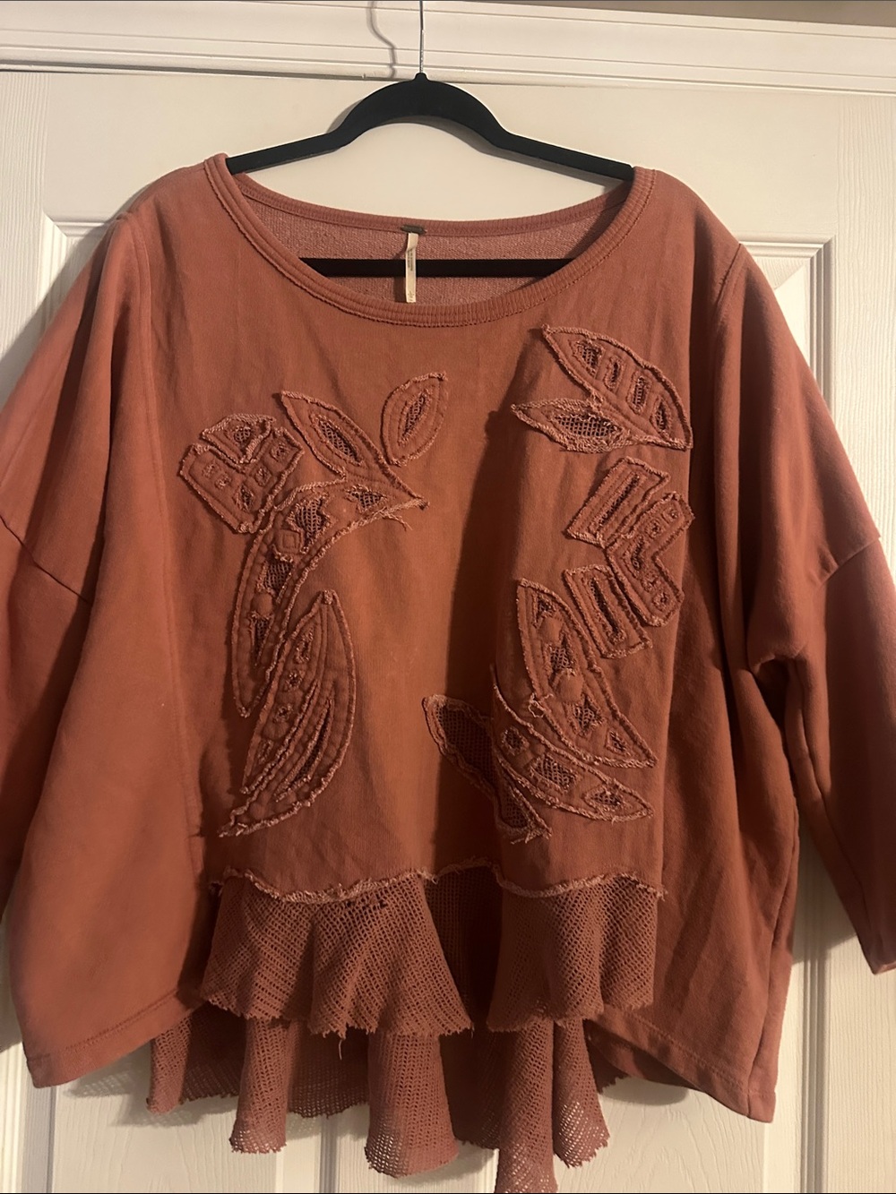 Free People Rust Embroidered Ruffle-Hem Pullover - Picture 4 of 5